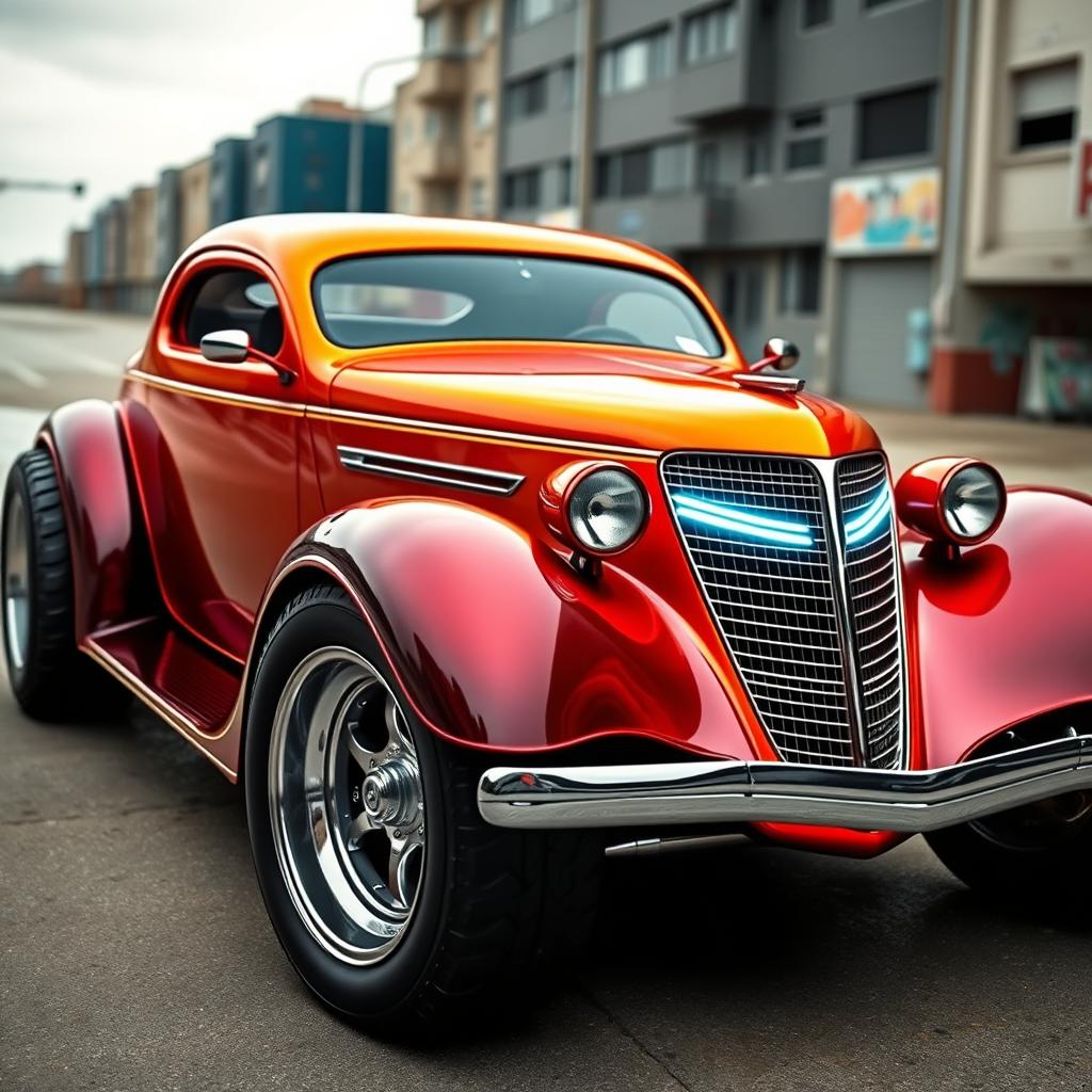 An eye-catching widebody 1936 Chevrolet Coupe hotrod, showcasing big, tall tires that emphasize its powerful stance