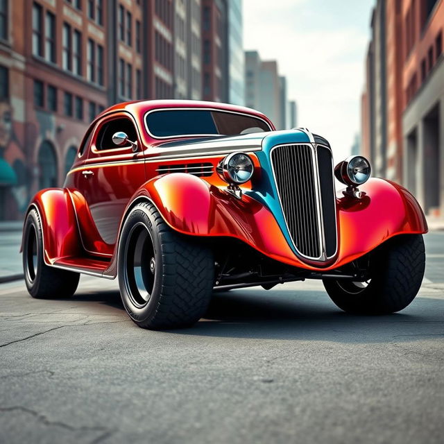 An eye-catching widebody 1936 Chevrolet Coupe hotrod, showcasing big, tall tires that emphasize its powerful stance