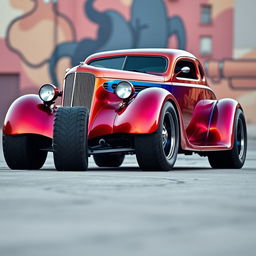 An eye-catching widebody 1936 Chevrolet Coupe hotrod, showcasing big, tall tires that emphasize its powerful stance