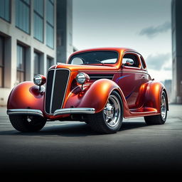 An eye-catching widebody 1936 Chevrolet Coupe hotrod, showcasing big, tall tires that emphasize its powerful stance