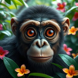 A highly detailed and realistic portrait of a bus-eyed ape, featuring large, expressive eyes that convey intelligence and curiosity