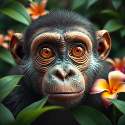 A highly detailed and realistic portrait of a bus-eyed ape, featuring large, expressive eyes that convey intelligence and curiosity