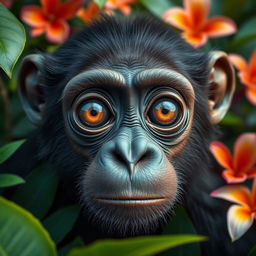 A highly detailed and realistic portrait of a bus-eyed ape, featuring large, expressive eyes that convey intelligence and curiosity