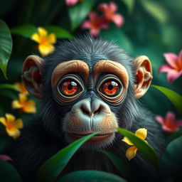 A highly detailed and realistic portrait of a bus-eyed ape, featuring large, expressive eyes that convey intelligence and curiosity