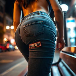 An extreme close-up shot from behind of a gorgeous female bending over a bench, with her tight jeans accentuating her round and defined butt