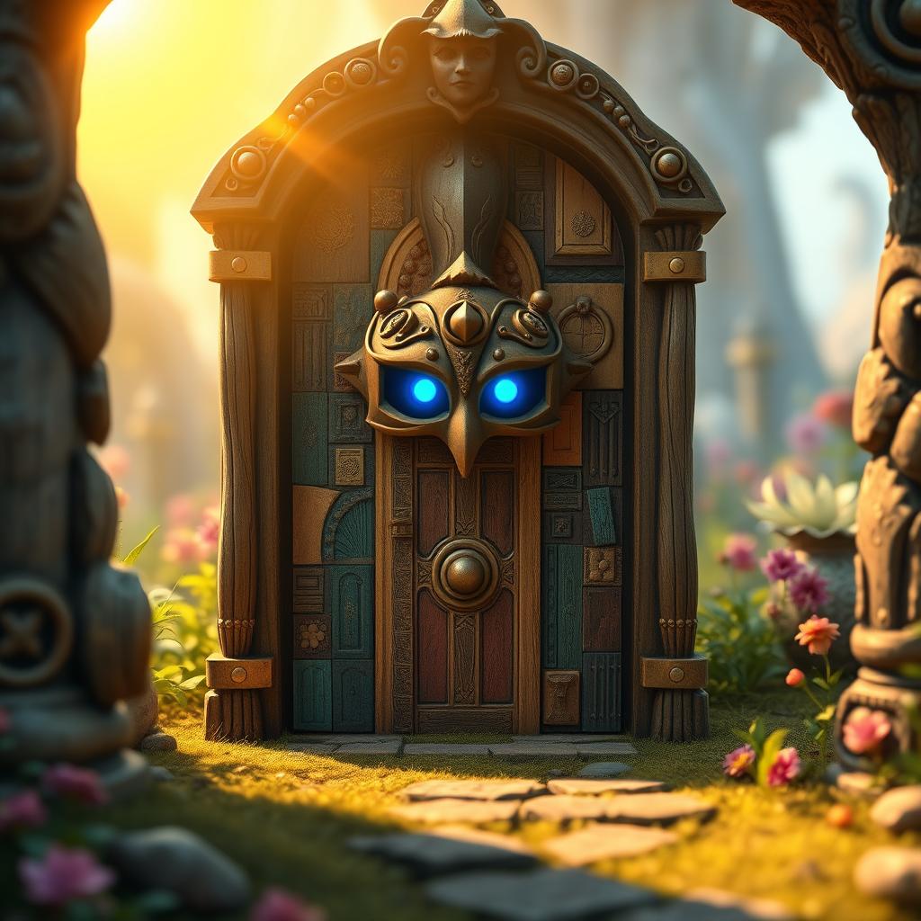 In a whimsical fantasy scene, a door golem stands proudly within an intricately designed door frame