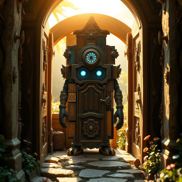 In a whimsical fantasy scene, a door golem stands proudly within an intricately designed door frame