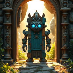 In a whimsical fantasy scene, a door golem stands proudly within an intricately designed door frame