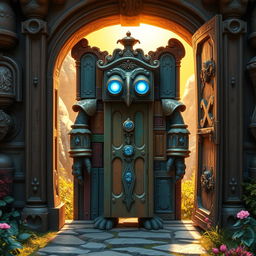 In a whimsical fantasy scene, a door golem stands proudly within an intricately designed door frame