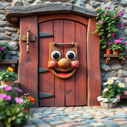 A whimsical and imaginative scene featuring a large wooden door adorned with a blocky, cartoonish face