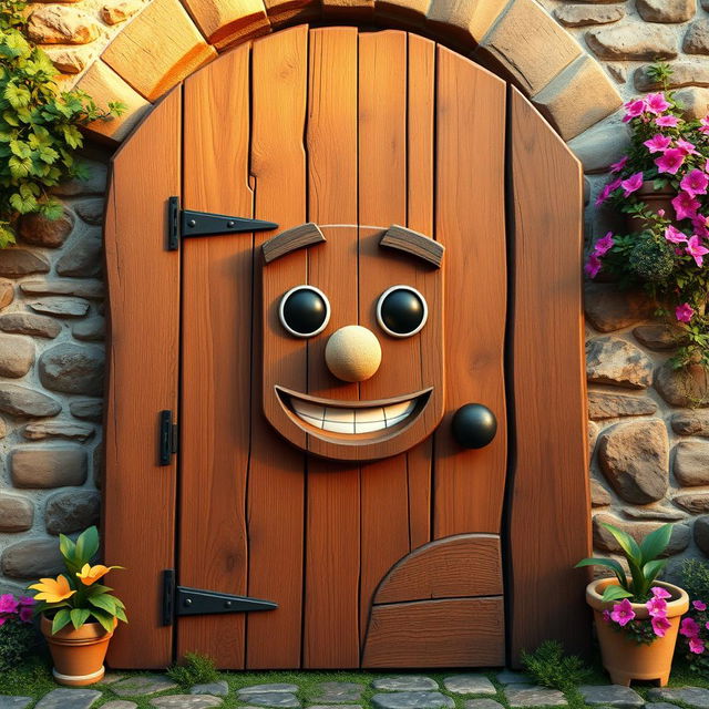 A whimsical and imaginative scene featuring a large wooden door adorned with a blocky, cartoonish face