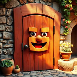 A whimsical and imaginative scene featuring a large wooden door adorned with a blocky, cartoonish face