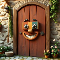 A whimsical and imaginative scene featuring a large wooden door adorned with a blocky, cartoonish face