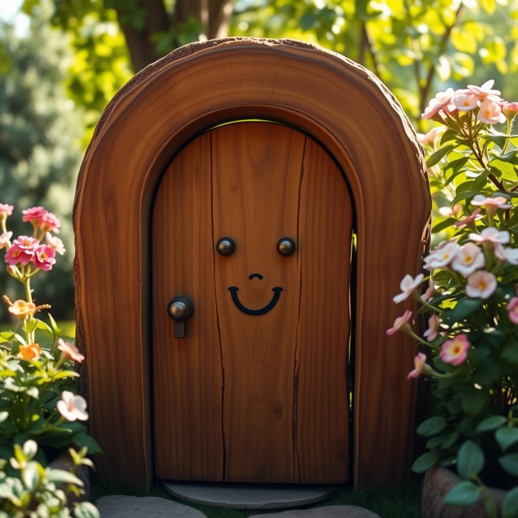 A charming and quaint wooden door featuring a simple, yet expressive carved face