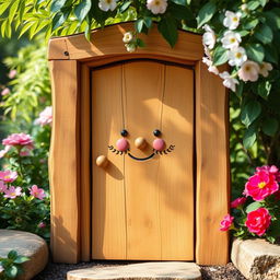 A charming and quaint wooden door featuring a simple, yet expressive carved face