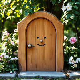 A charming and quaint wooden door featuring a simple, yet expressive carved face