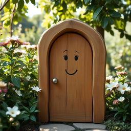 A charming and quaint wooden door featuring a simple, yet expressive carved face