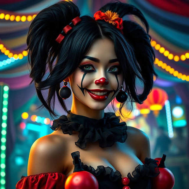 A sexy Asian gothic clown woman with striking black hair, wearing bold clown makeup featuring dramatic eye designs and a mischievous smile