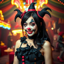 A sexy Asian gothic clown woman with striking black hair, wearing bold clown makeup featuring dramatic eye designs and a mischievous smile