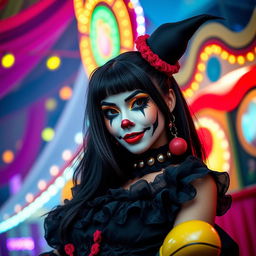 A sexy Asian gothic clown woman with striking black hair, wearing bold clown makeup featuring dramatic eye designs and a mischievous smile