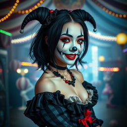 A sexy Asian gothic clown woman with striking black hair, wearing bold clown makeup featuring dramatic eye designs and a mischievous smile