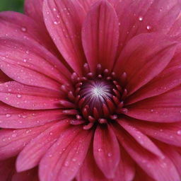 A vibrant, blooming flower with rich, velvety petals and fresh dew drops clinging to it.