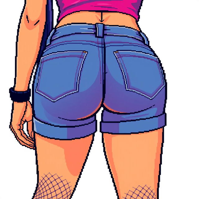 A vibrant 16-bit graphic depicting a gorgeous female character from behind, in an extreme close-up shot focusing on her butt