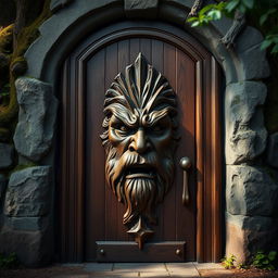 A majestic wooden door embedded in a sturdy stone frame, featuring a stern and stoic face intricately carved into the wood