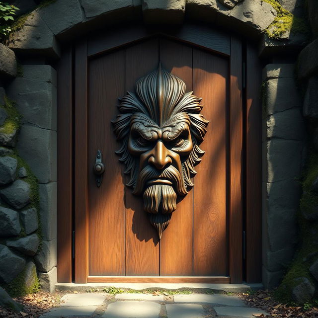 A majestic wooden door embedded in a sturdy stone frame, featuring a stern and stoic face intricately carved into the wood