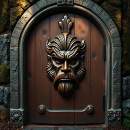 A majestic wooden door embedded in a sturdy stone frame, featuring a stern and stoic face intricately carved into the wood