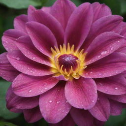 A vibrant, blooming flower with rich, velvety petals and fresh dew drops clinging to it.