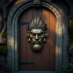 A majestic wooden door embedded in a sturdy stone frame, featuring a stern and stoic face intricately carved into the wood