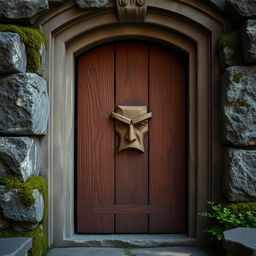 A solid wooden door nestled within a robust stone frame, displaying a simple yet stern and stoic face carved directly into the wood