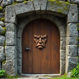 A solid wooden door nestled within a robust stone frame, displaying a simple yet stern and stoic face carved directly into the wood