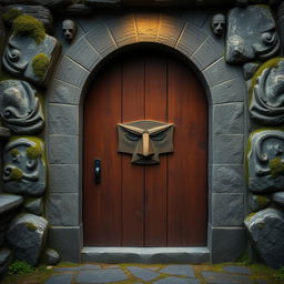 A solid wooden door nestled within a robust stone frame, displaying a simple yet stern and stoic face carved directly into the wood