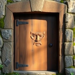 A solid wooden door nestled within a robust stone frame, displaying a simple yet stern and stoic face carved directly into the wood