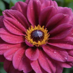 A vibrant, blooming flower with rich, velvety petals and fresh dew drops clinging to it.