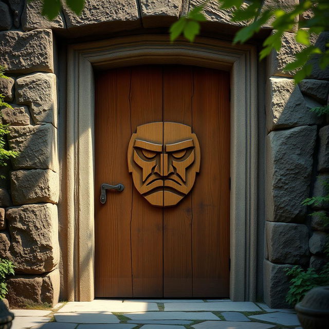 A robust wooden door set within a rugged stone frame, featuring a stern and stoic yet simplistic face intricately carved into the wood