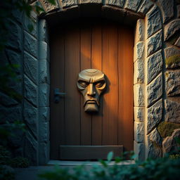 A robust wooden door set within a rugged stone frame, featuring a stern and stoic yet simplistic face intricately carved into the wood