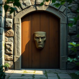 A robust wooden door set within a rugged stone frame, featuring a stern and stoic yet simplistic face intricately carved into the wood