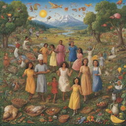 Depiction of diverse humans experiencing their greatest joys such as exploring nature, artistic creation, scientific discovery, family time, and culinary delights, showcasing a myriad of life's pleasures