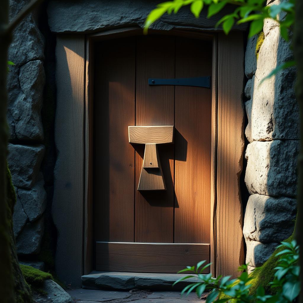 A sturdy wooden door set within a rugged stone frame, prominently featuring a simple, blocky face carved into the wood