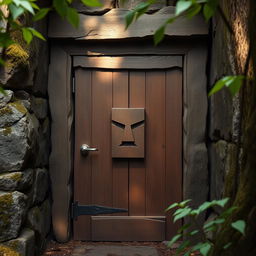 A sturdy wooden door set within a rugged stone frame, prominently featuring a simple, blocky face carved into the wood