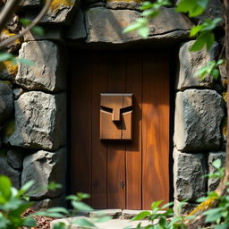 A sturdy wooden door set within a rugged stone frame, prominently featuring a simple, blocky face carved into the wood