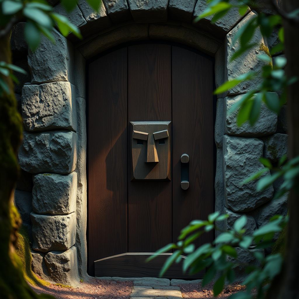 A sturdy wooden door set within a rugged stone frame, prominently featuring a simple, blocky face carved into the wood