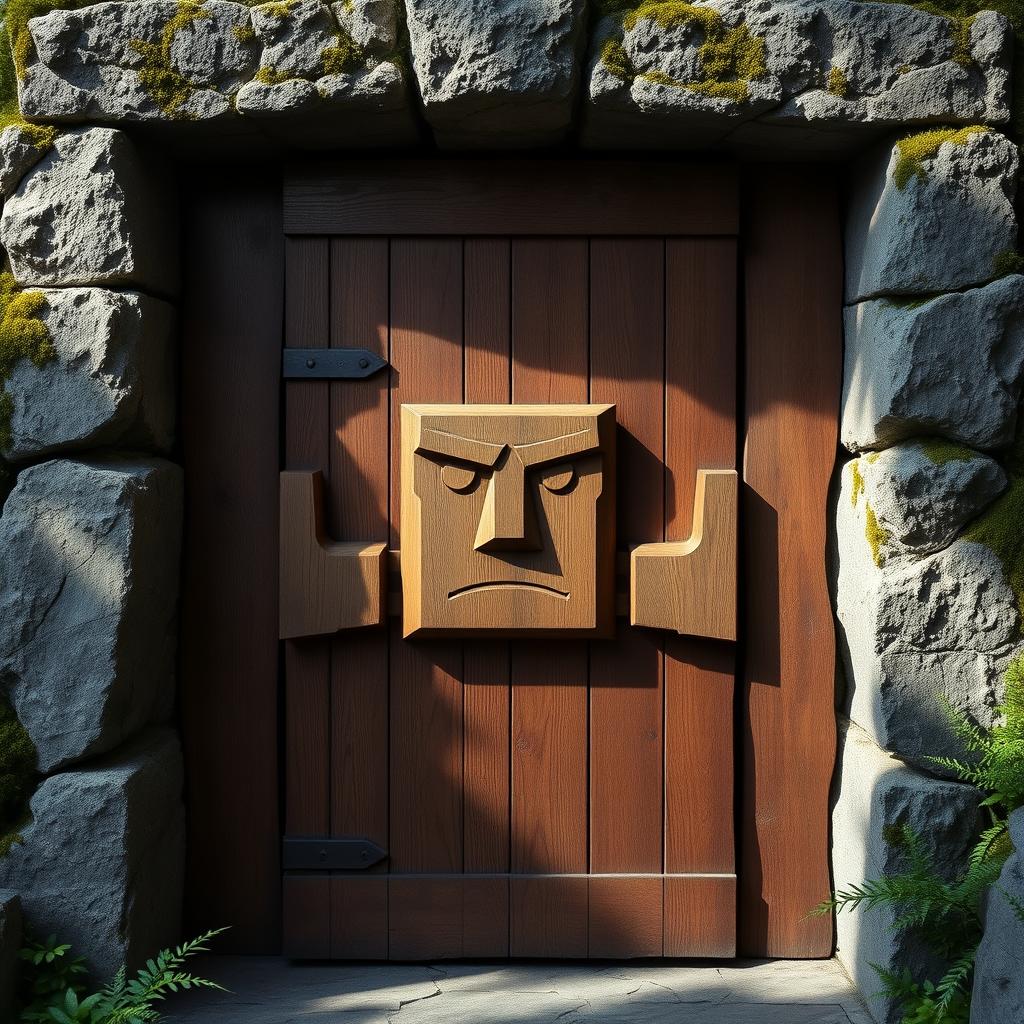 A sturdy wooden door set within a rugged stone frame, prominently featuring a simplistic and blocky face with arms intricately carved into the wood