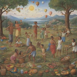 Depiction of diverse humans experiencing their greatest joys such as exploring nature, artistic creation, scientific discovery, family time, and culinary delights, showcasing a myriad of life's pleasures