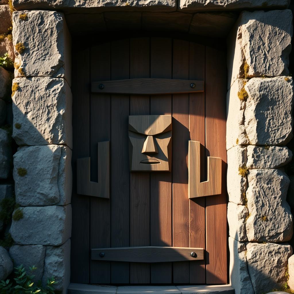 A sturdy wooden door set within a rugged stone frame, prominently featuring a simplistic and blocky face with arms intricately carved into the wood