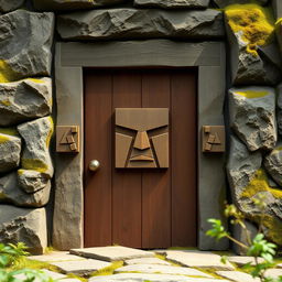 A sturdy wooden door set within a rugged stone frame, prominently featuring a simplistic and blocky face with arms intricately carved into the wood