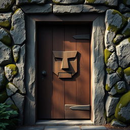 A sturdy wooden door set within a rugged stone frame, prominently featuring a simplistic and blocky face with arms intricately carved into the wood